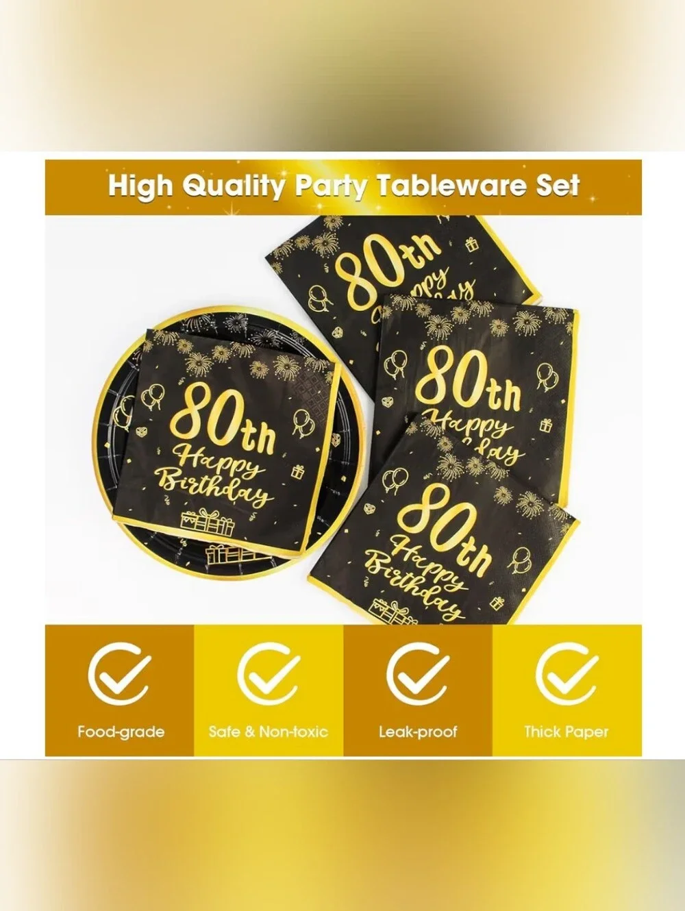 80th Happy Birthday Disposable Party Plates & Napkins - Black and Gold